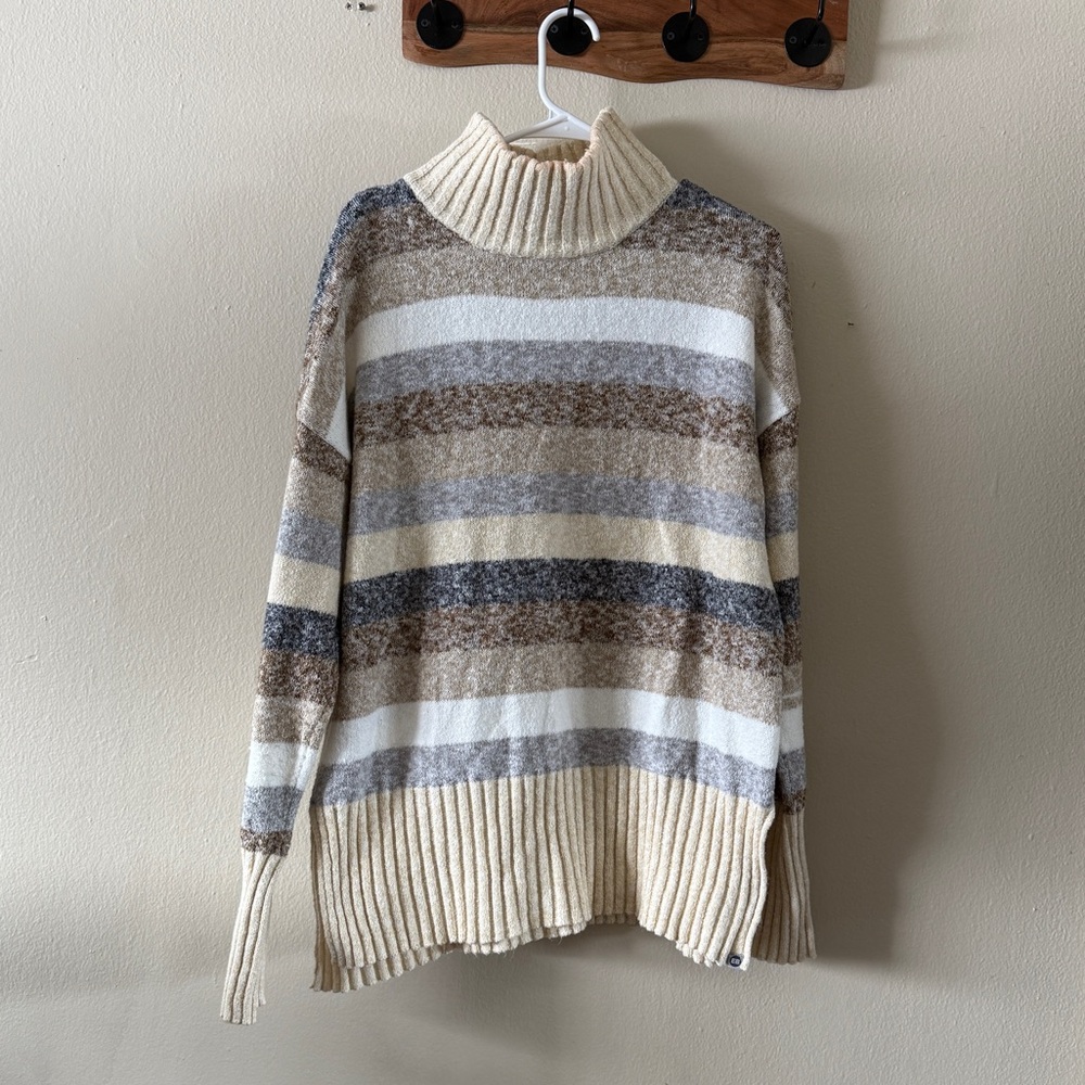Eddie Bauer Striped Marled Cotton Blend Rib Knit Mock Neck Sweater Size L